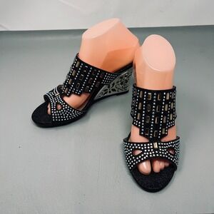 Women Rhinestone Metallic Embellished Wedge Sandals Size 9 Bejeweled Disco Party